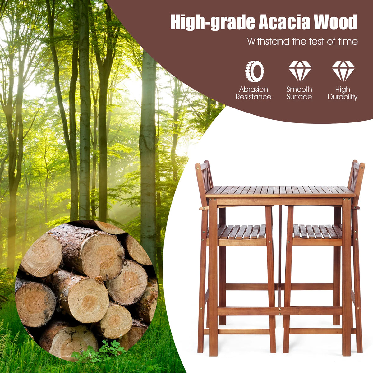 Acacia Wood Bar Height Bistro Dining Set U22641