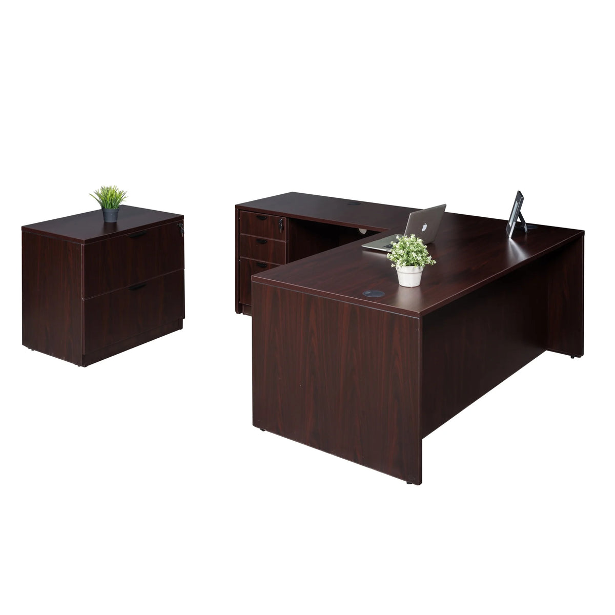 71 Inch Mahogany L-Shape Corner Desk with Storage Pedestal and Lateral File V670512