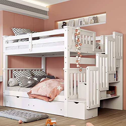 Twin Over Full Wooden Bunk Bed with Trundle and Stairway A653