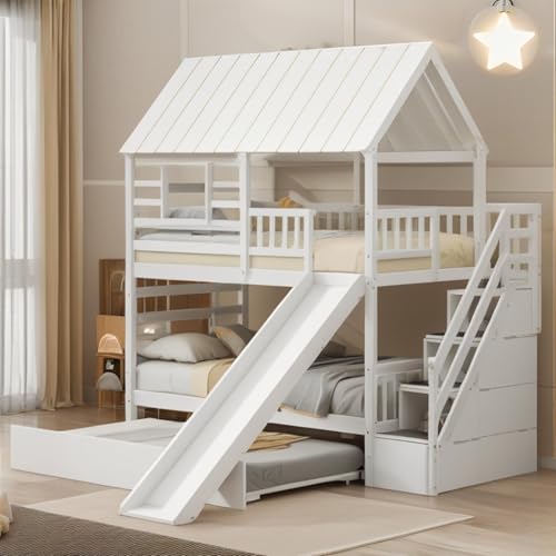 White Twin Over Twin Wood Bunk Bed with Slide and Trundle F422