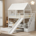 White Twin Over Twin Wood Bunk Bed with Slide and Trundle F422