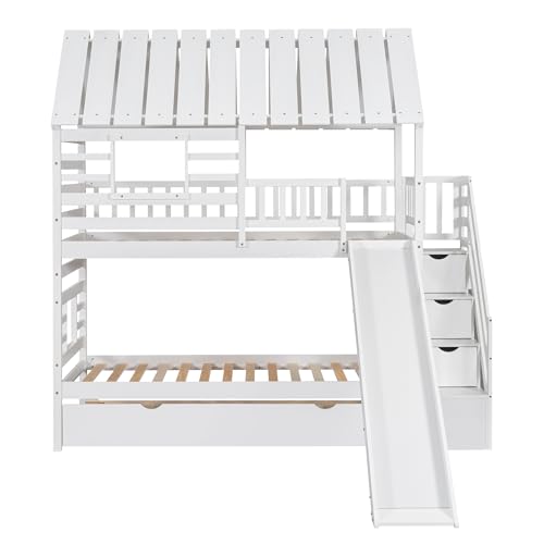 White Twin Over Twin Wood Bunk Bed with Slide and Trundle F422
