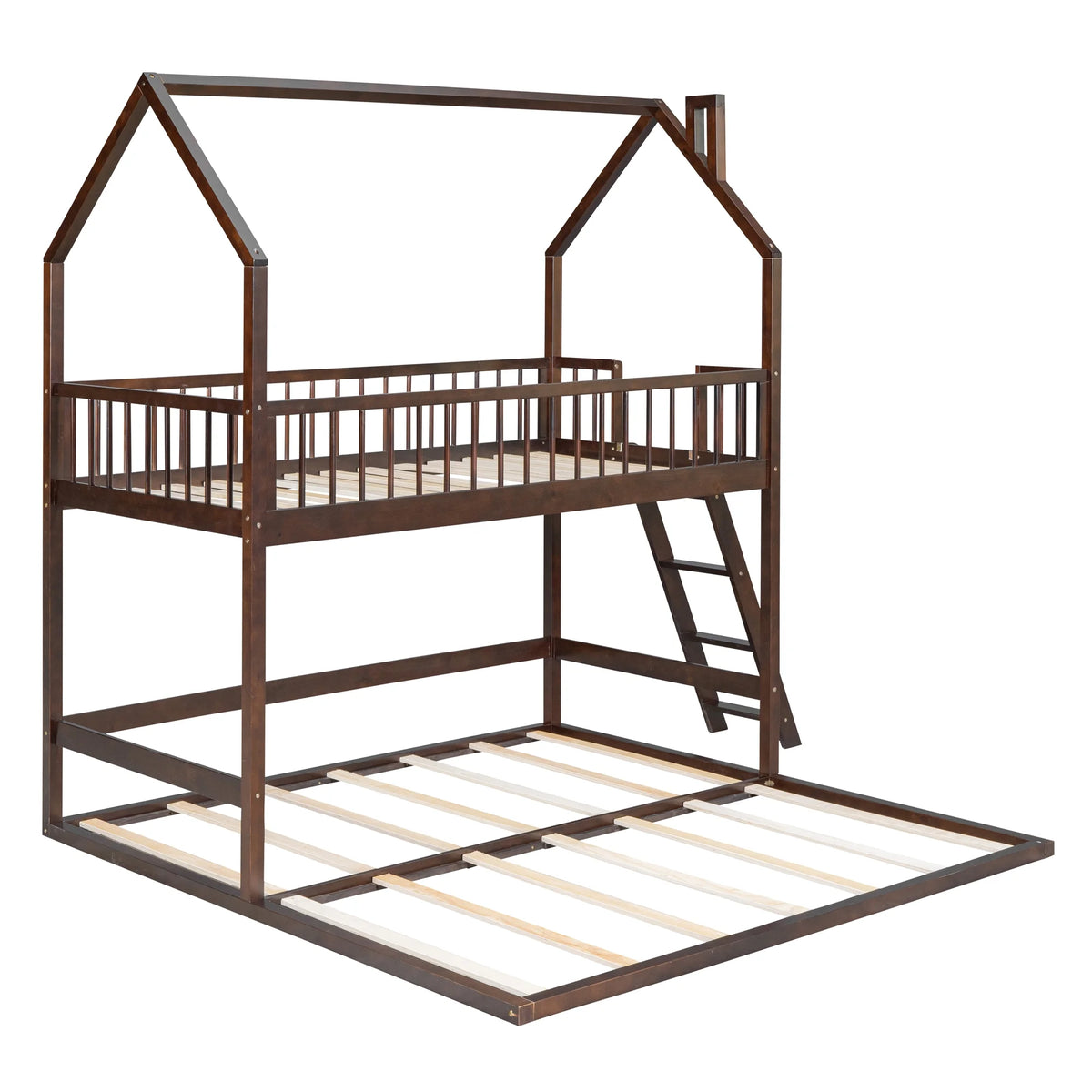 Twin Over Twin House Bunk Bed with Trundle and Roof N41318