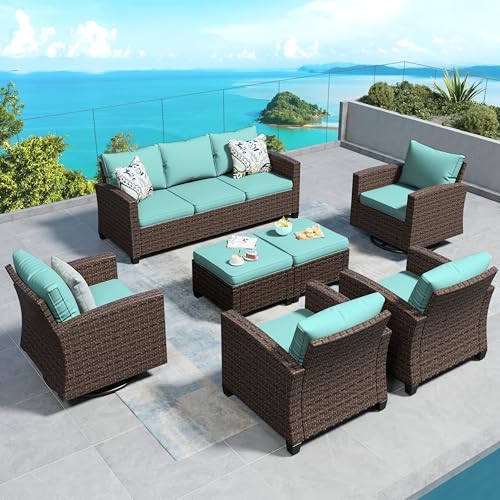 Brown Wicker Rattan 7 Pieces Patio Furniture Set with Cushion and Firepit Table I61824
