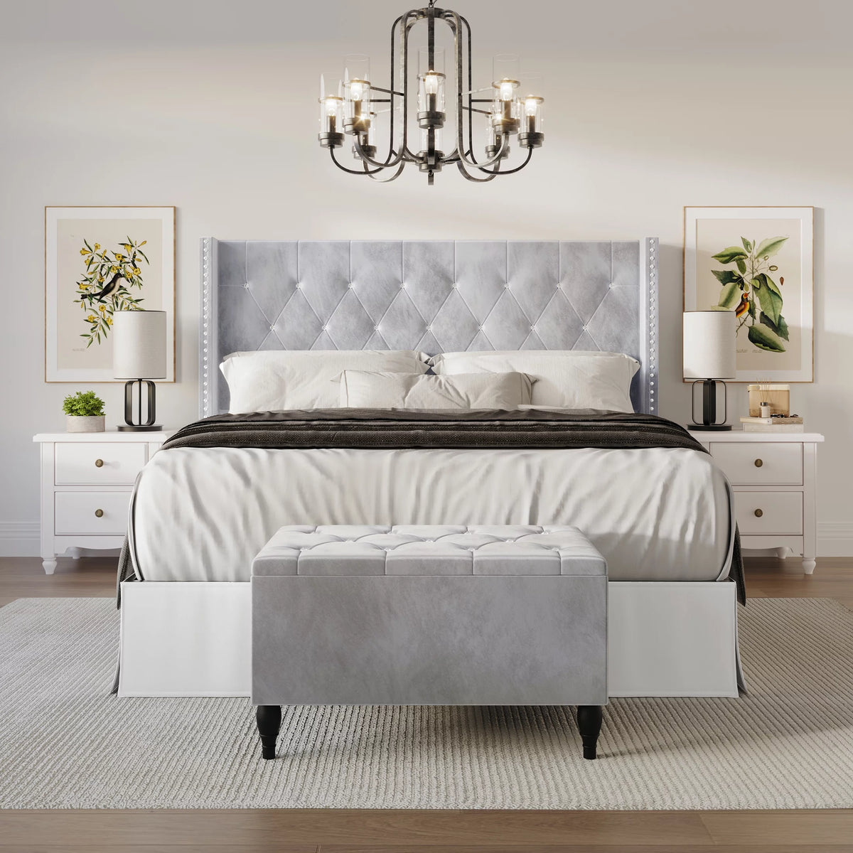 Black Velvet Upholstered Storage Bench Bed X94231