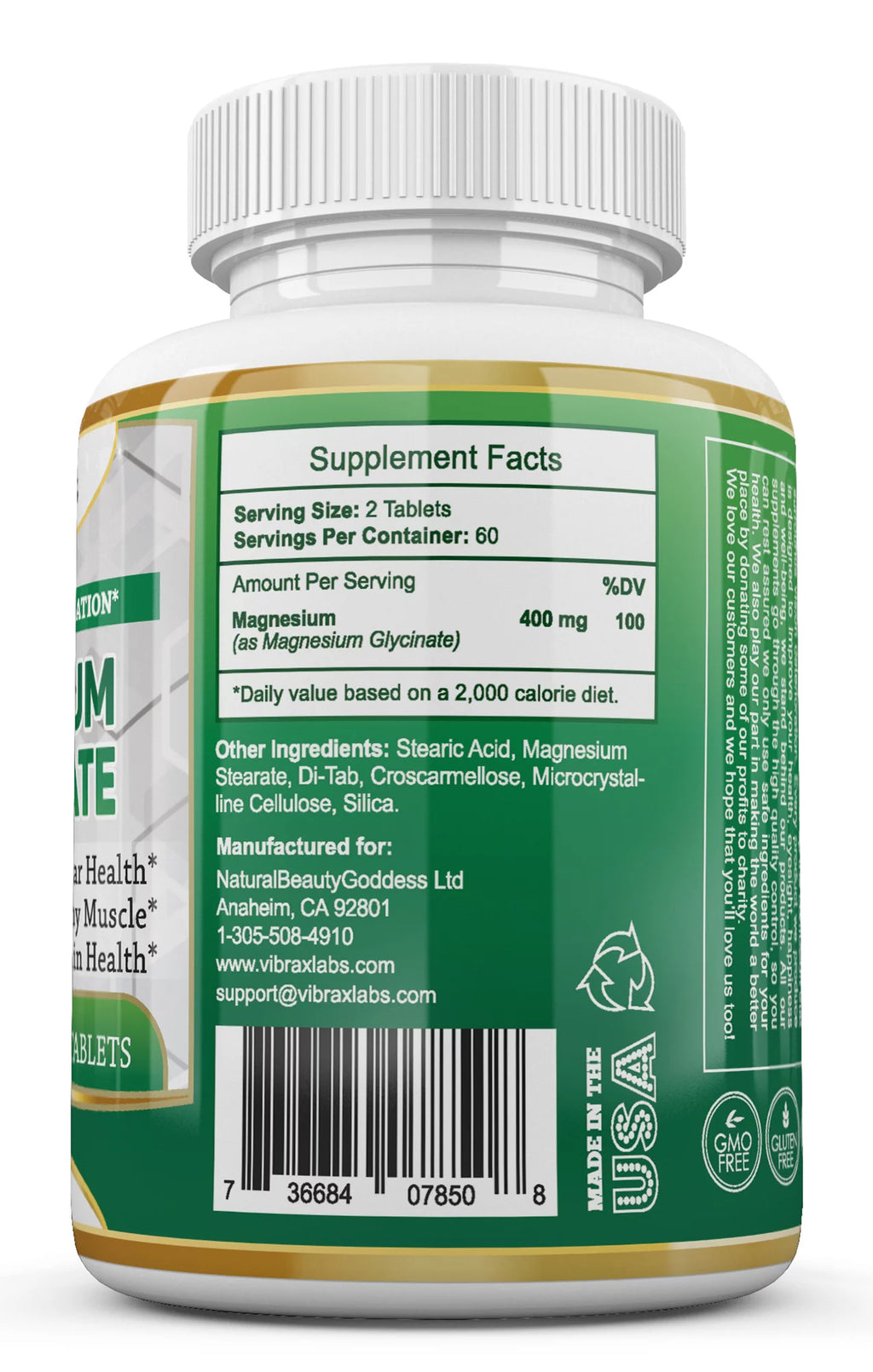 Magnesium Glycinate Supplement 400mg 120 Tablets I37114