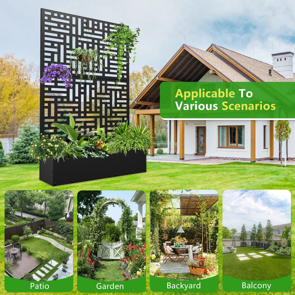 71'' Metal Planter with Trellis, Raised Garden Bed with Drainage Hole, Black H279
