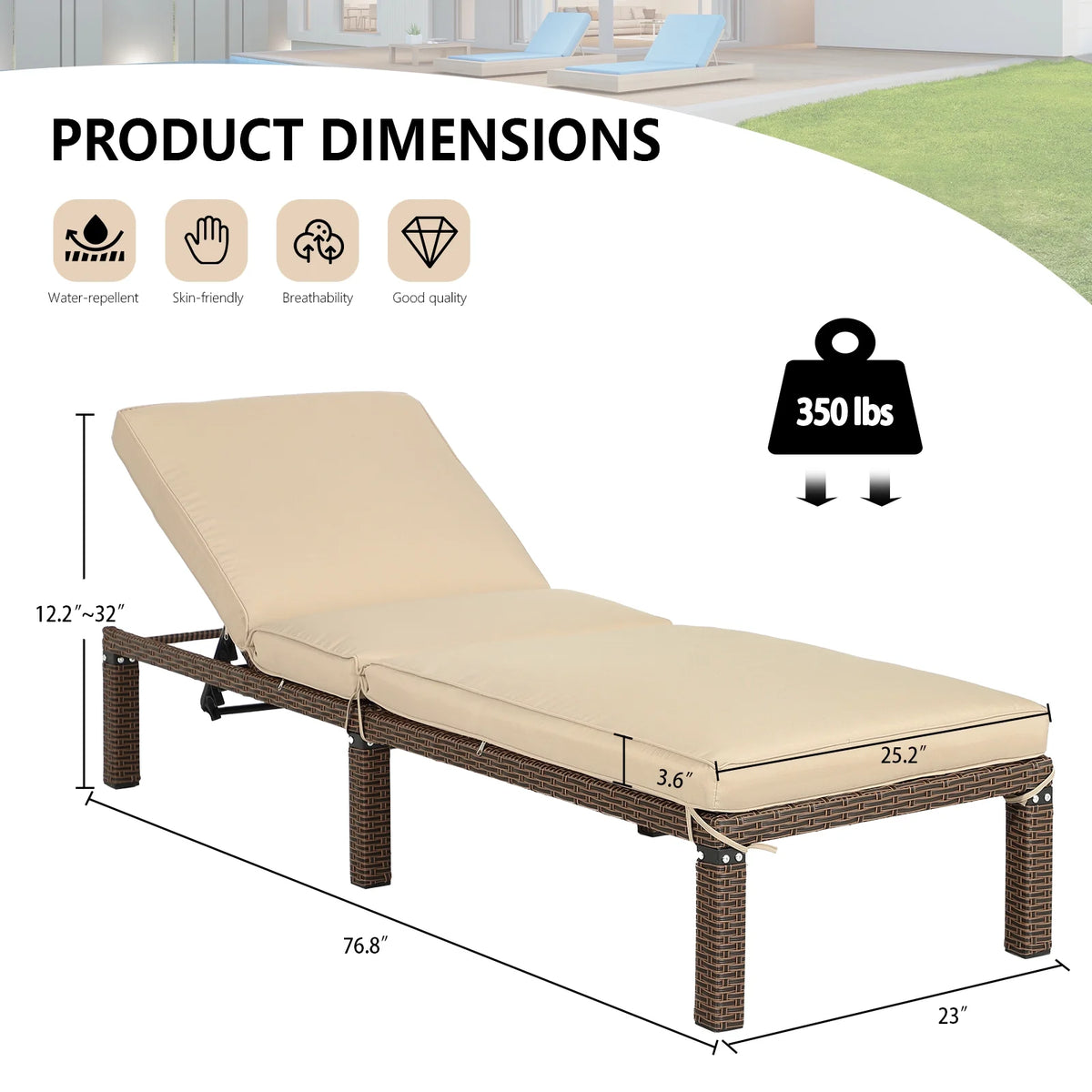 Rattan Wicker Chaise Lounge Chair with Adjustable Backrest & Cushion, Set of 2 K911