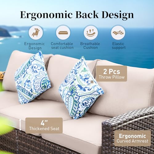 Brown Wicker Rattan 7 Pieces Patio Furniture Set with Cushion and Firepit Table I61824