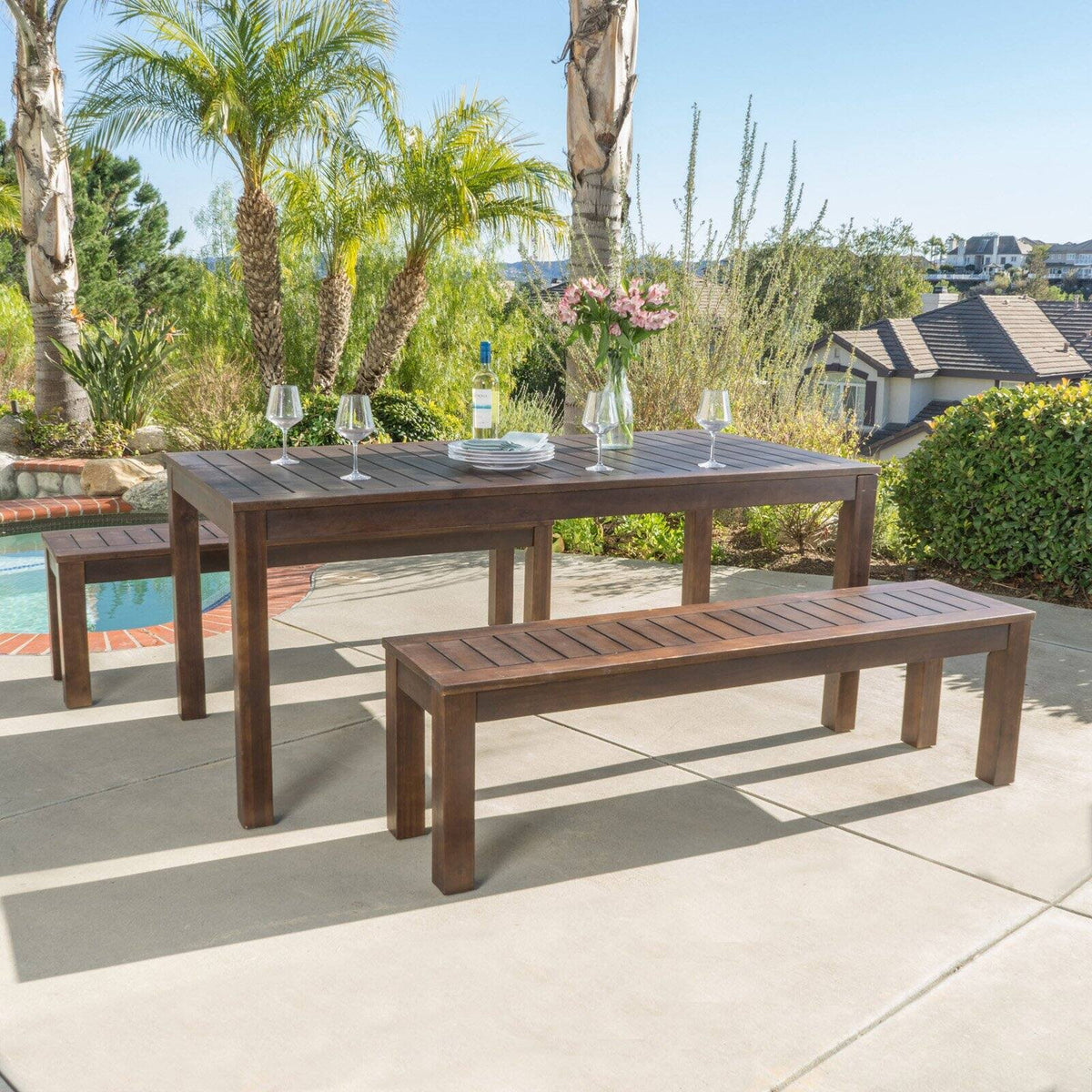 Acacia Wood 3 Piece Table Set with Benches V87361