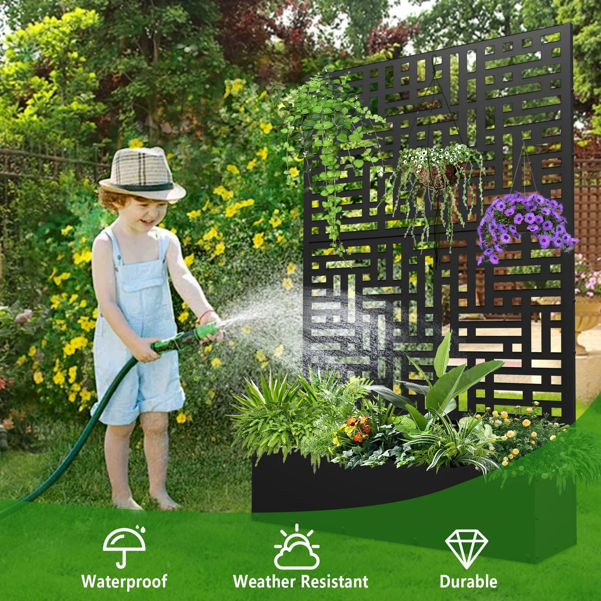 71'' Metal Planter with Trellis, Raised Garden Bed with Drainage Hole, Black H279