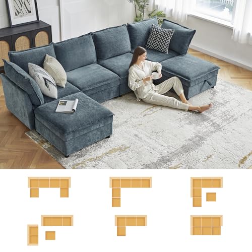 127'' Beige Chenille Modular Sectional Sofa with Storage Ottoman P8927