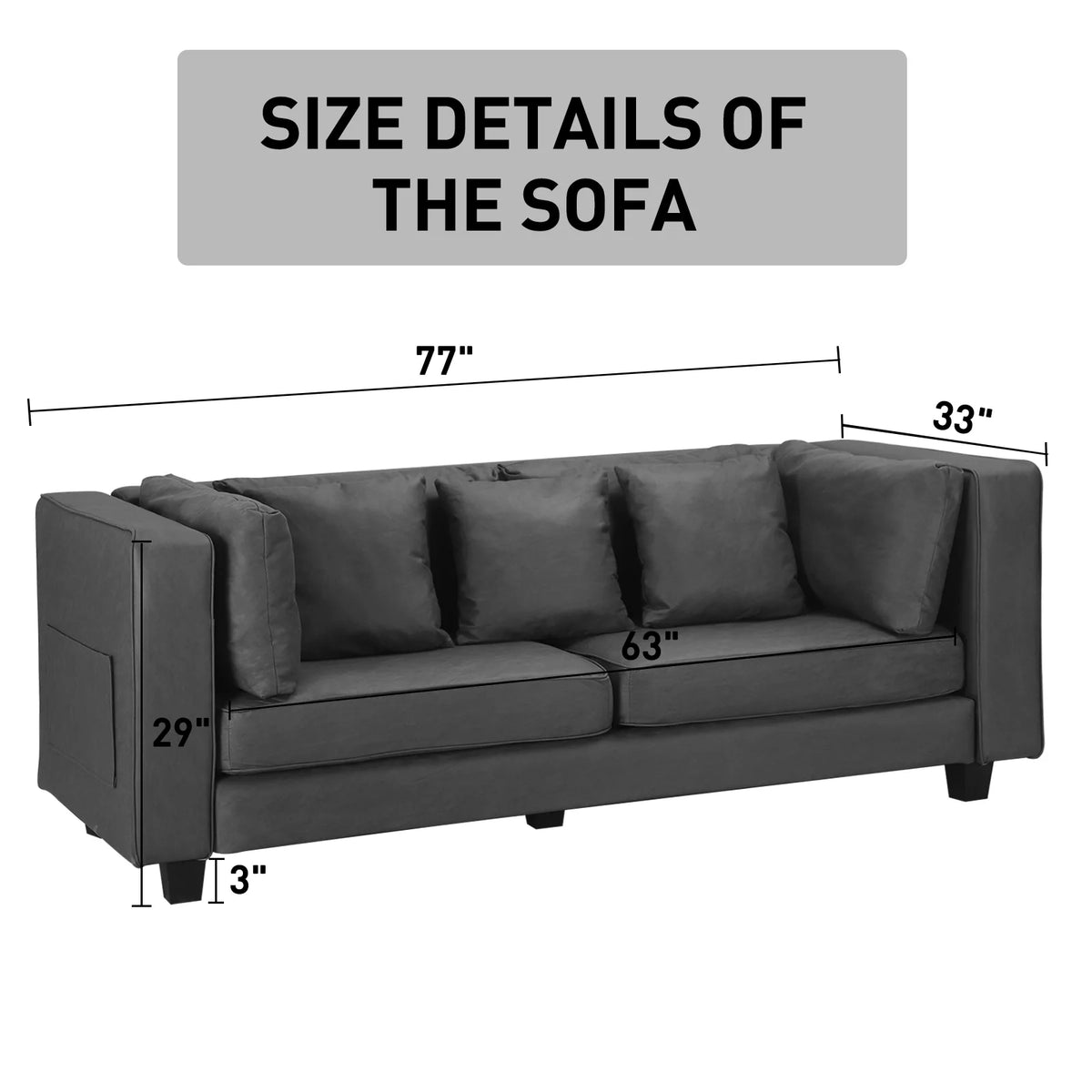 Grey Faux Leather Sofa with 5 Pillows I703