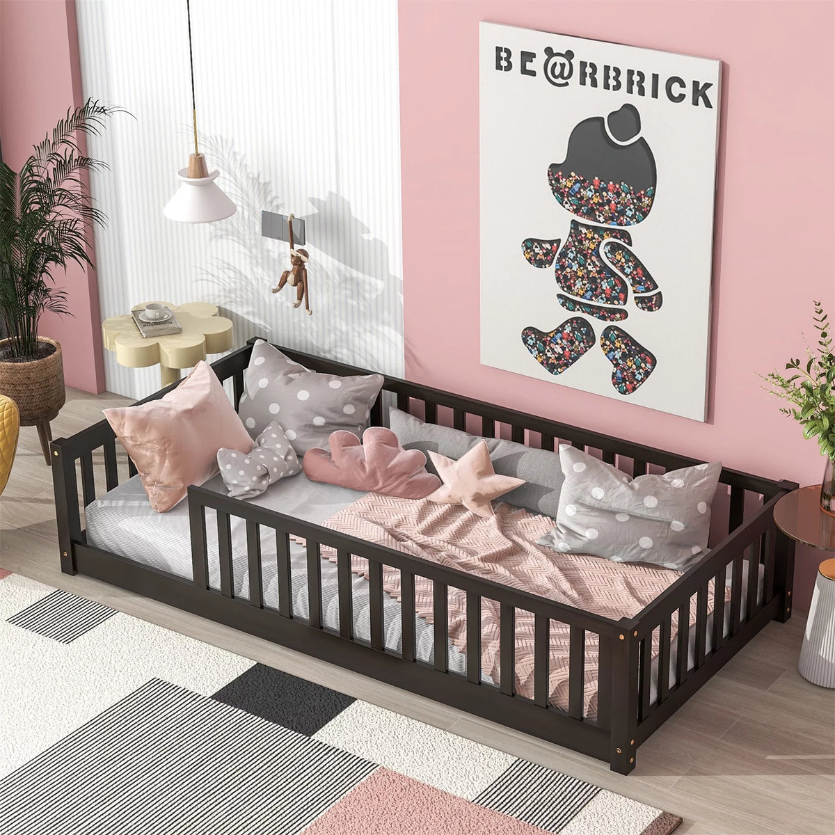 White Twin Floor Bed Frame with Fence and Wood Slats X246