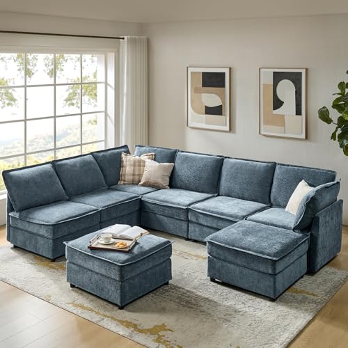127'' Beige Chenille Modular Sectional Sofa with Storage Ottoman P8927