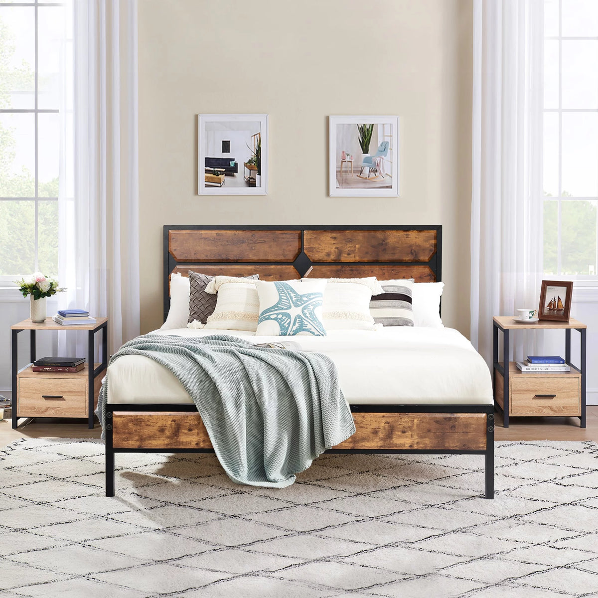 Full Size Platform Bed Frame and 2 Nightstands Set of 3 J948