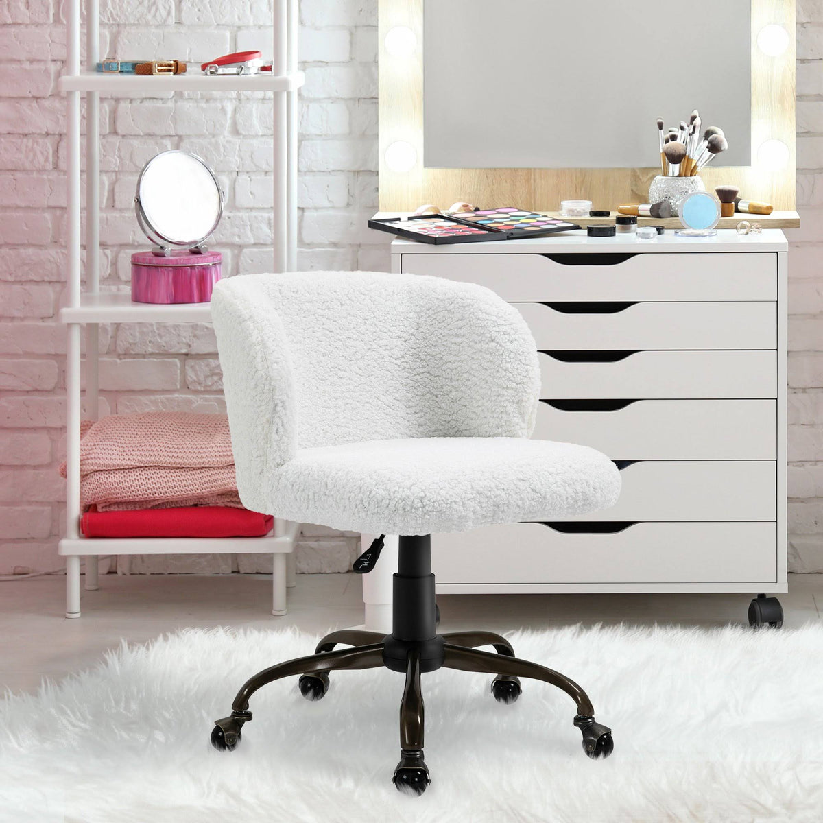 White Swivel Accent Office Chair with Padded Armrests and Adjustable Height L486800