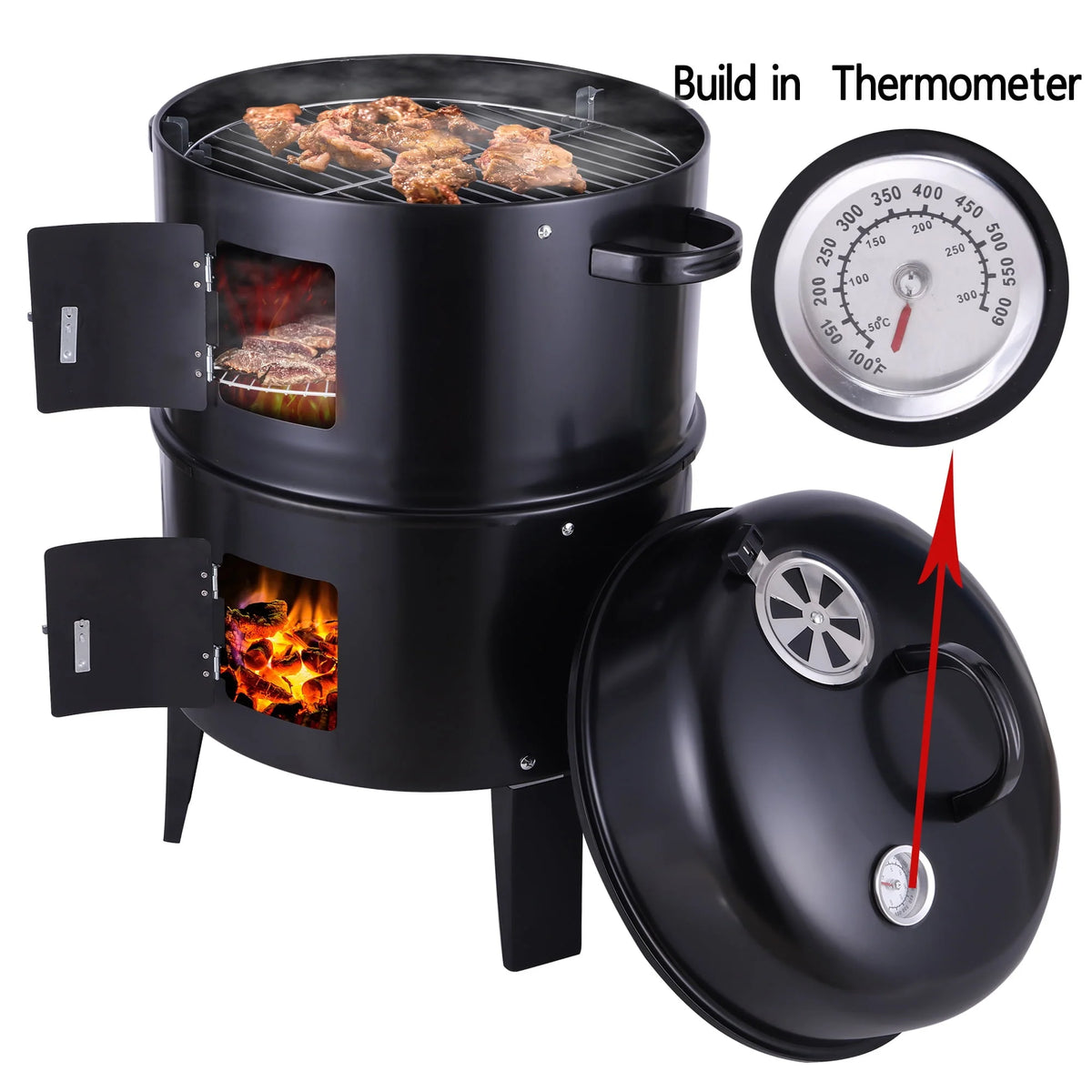 3-in-1 Steel Charcoal Smoker BBQ Grill with Thermometer M77232