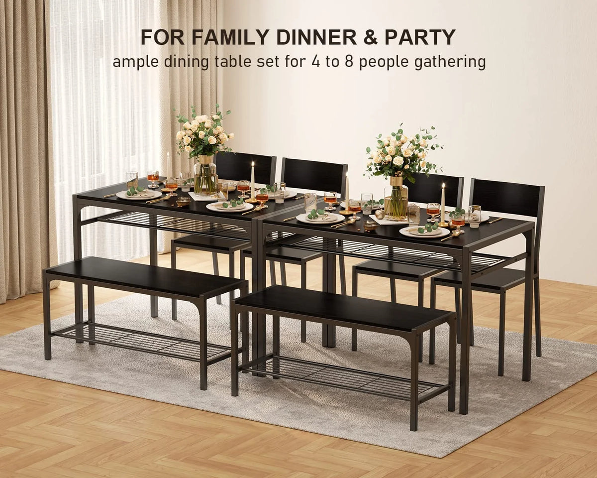 Black Dining Table Set of 4 with 2 Chairs 1 Bench E521