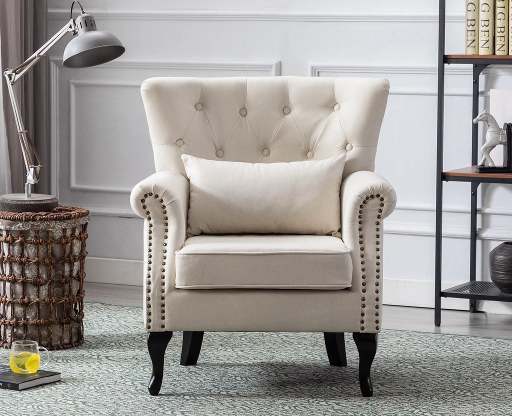 Beige Linen Tufted Accent Chair with Pillow W279
