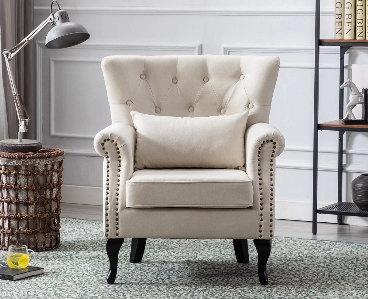 Beige Linen Tufted Accent Chair with Pillow W279