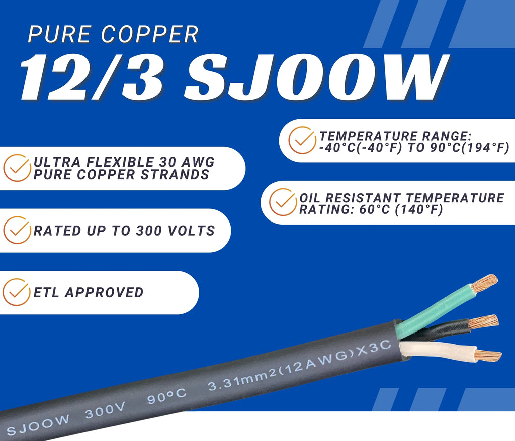 25 Feet 12 Gauge 3 Conductor Black SJOOW Cable N870