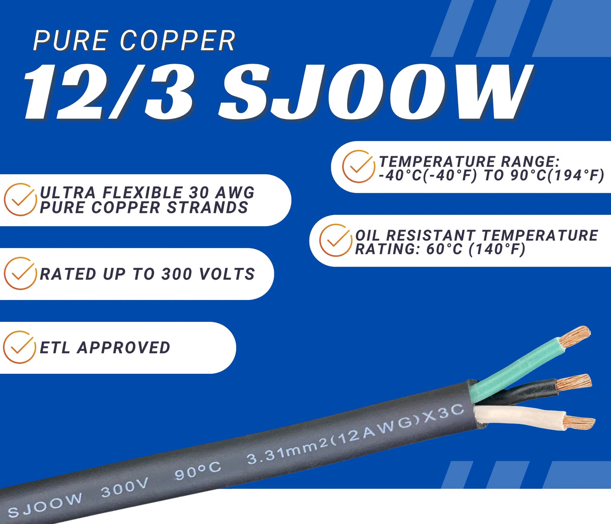 25 Feet 12 Gauge 3 Conductor Black SJOOW Cable N870