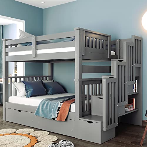 Twin Over Full Wooden Bunk Bed with Trundle and Stairway A653