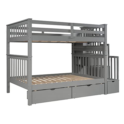 Twin Over Full Wooden Bunk Bed with Trundle and Stairway A653