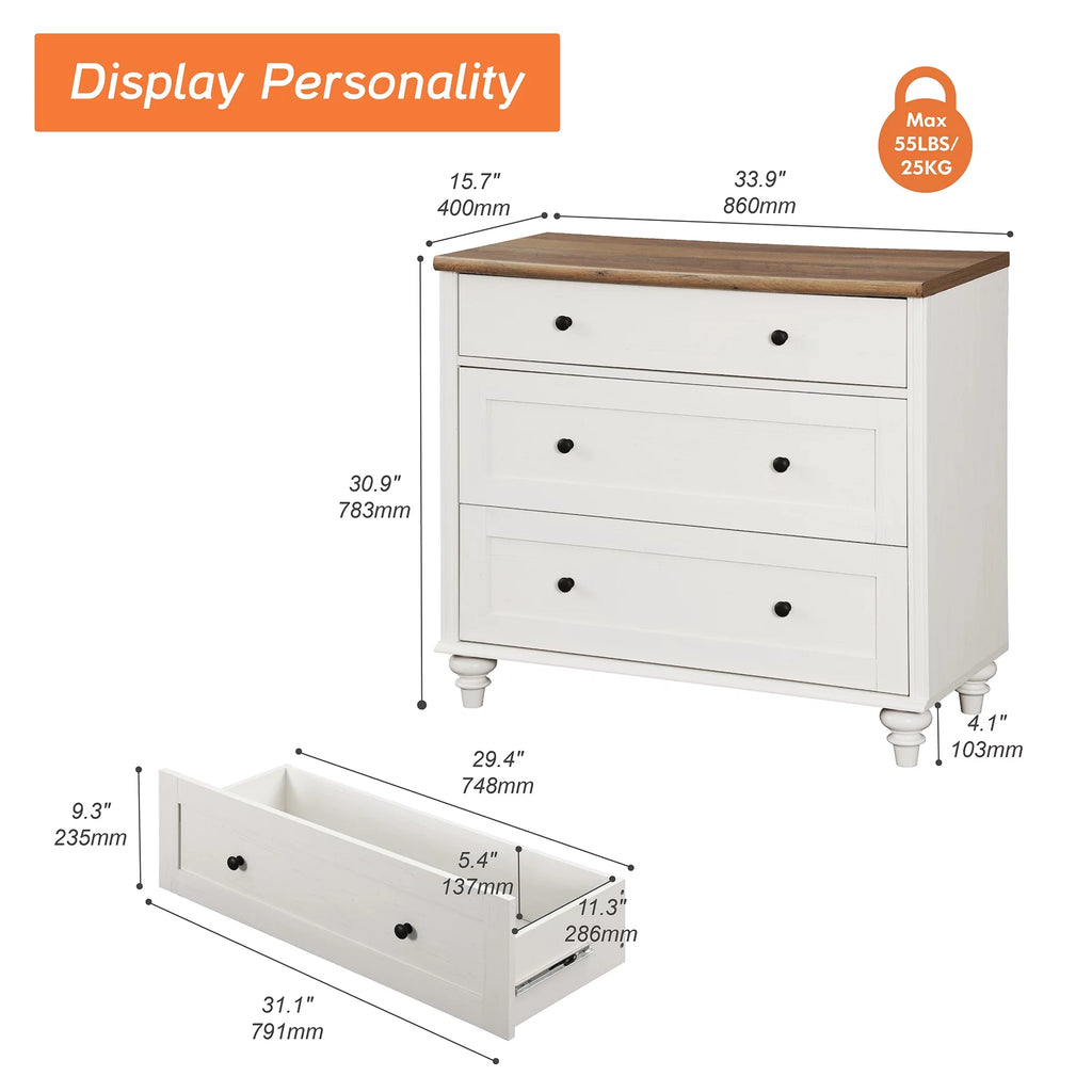 White 3 Drawer Wood Dresser R31933