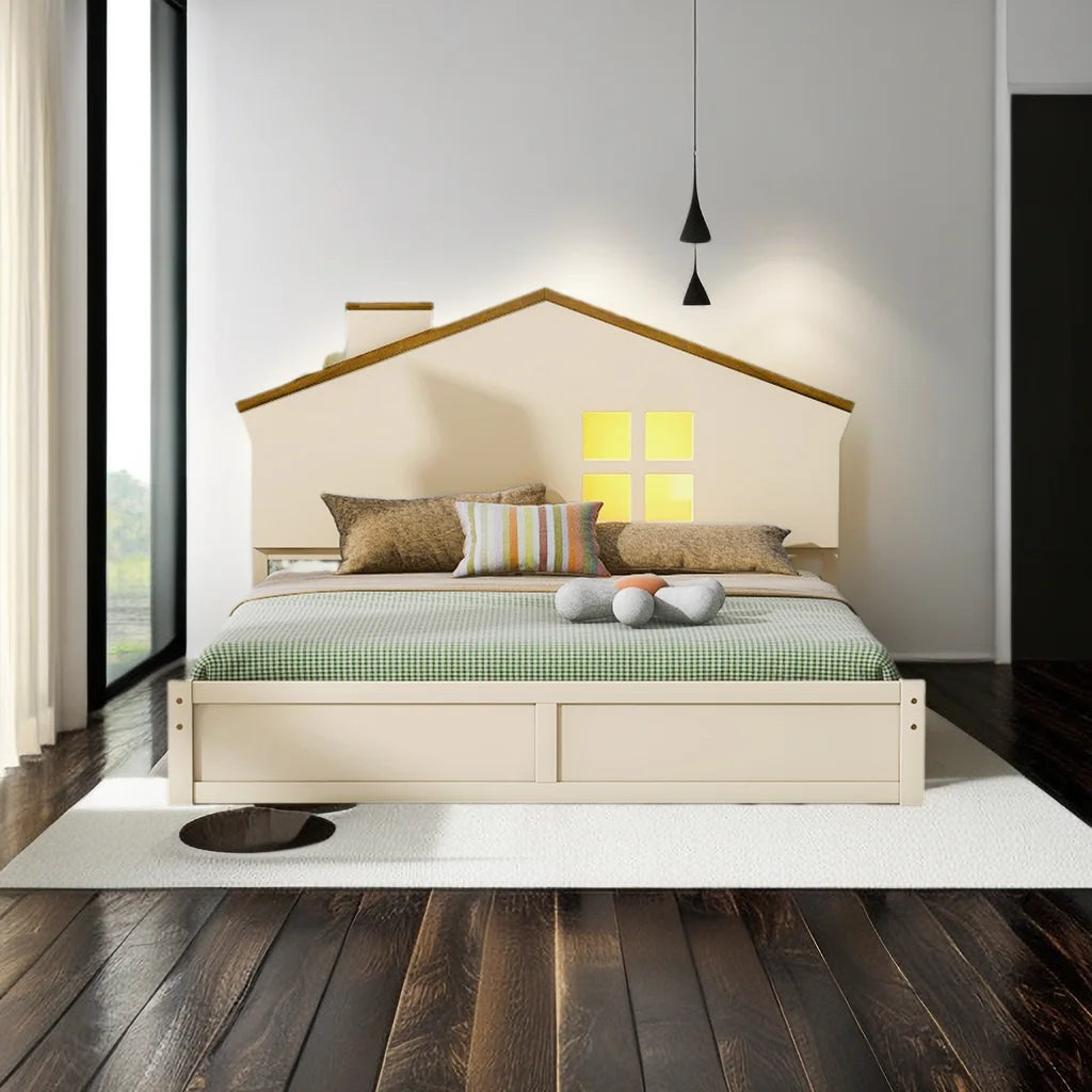 Full Size Wood Platform Bed with House-Shaped Headboard and LED M1958