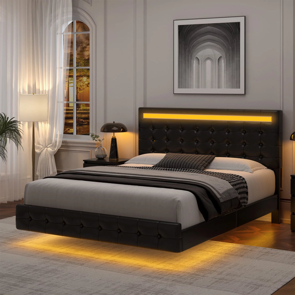 White Queen Floating Platform Bed with Lights and Storage K463
