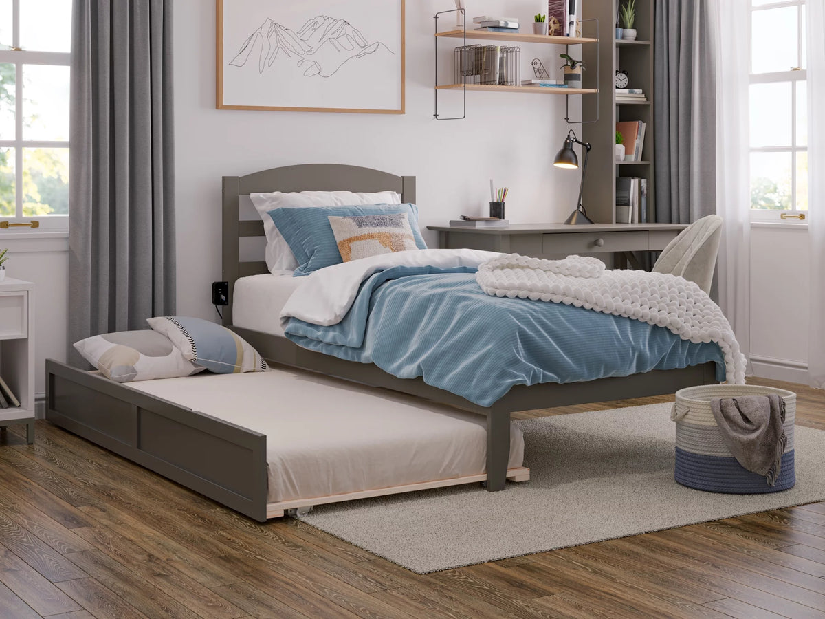 Grey Twin Wood Platform Bed Frame with Twin Trundle Q562
