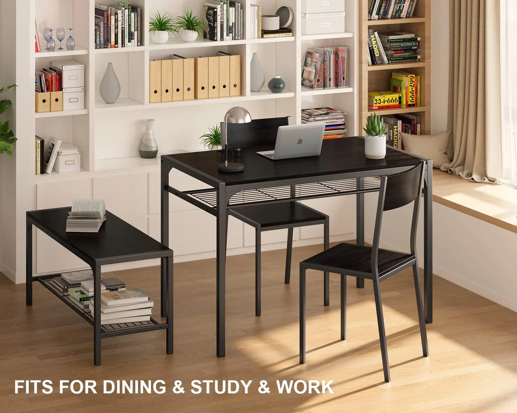 Black Dining Table Set of 4 with 2 Chairs 1 Bench E521