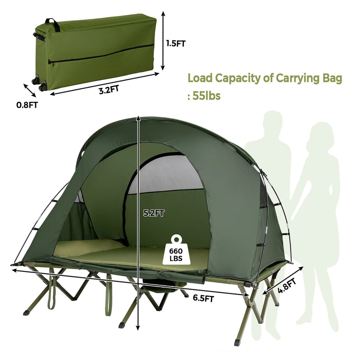 2-Person Elevated Camping Tent Cot with External Cover Green C8811