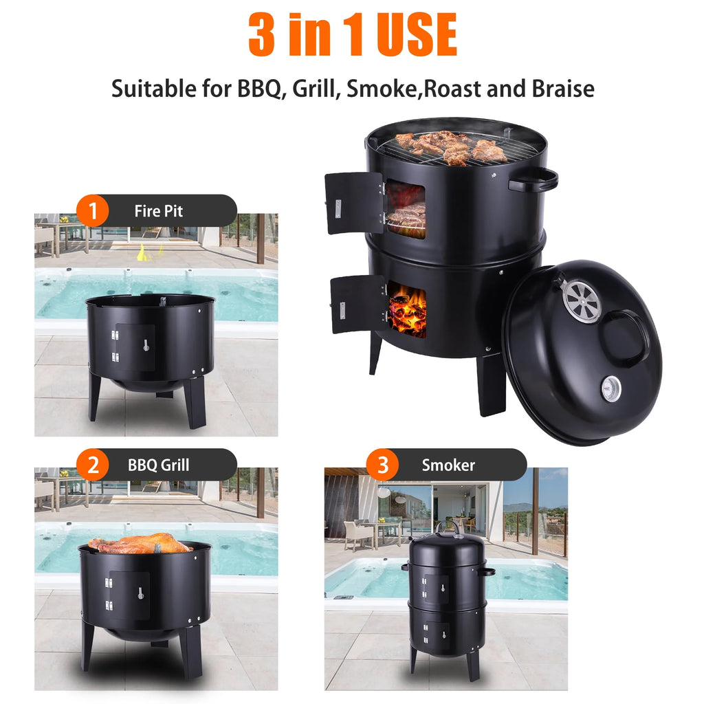 3-in-1 Steel Charcoal Smoker BBQ Grill with Thermometer M77232