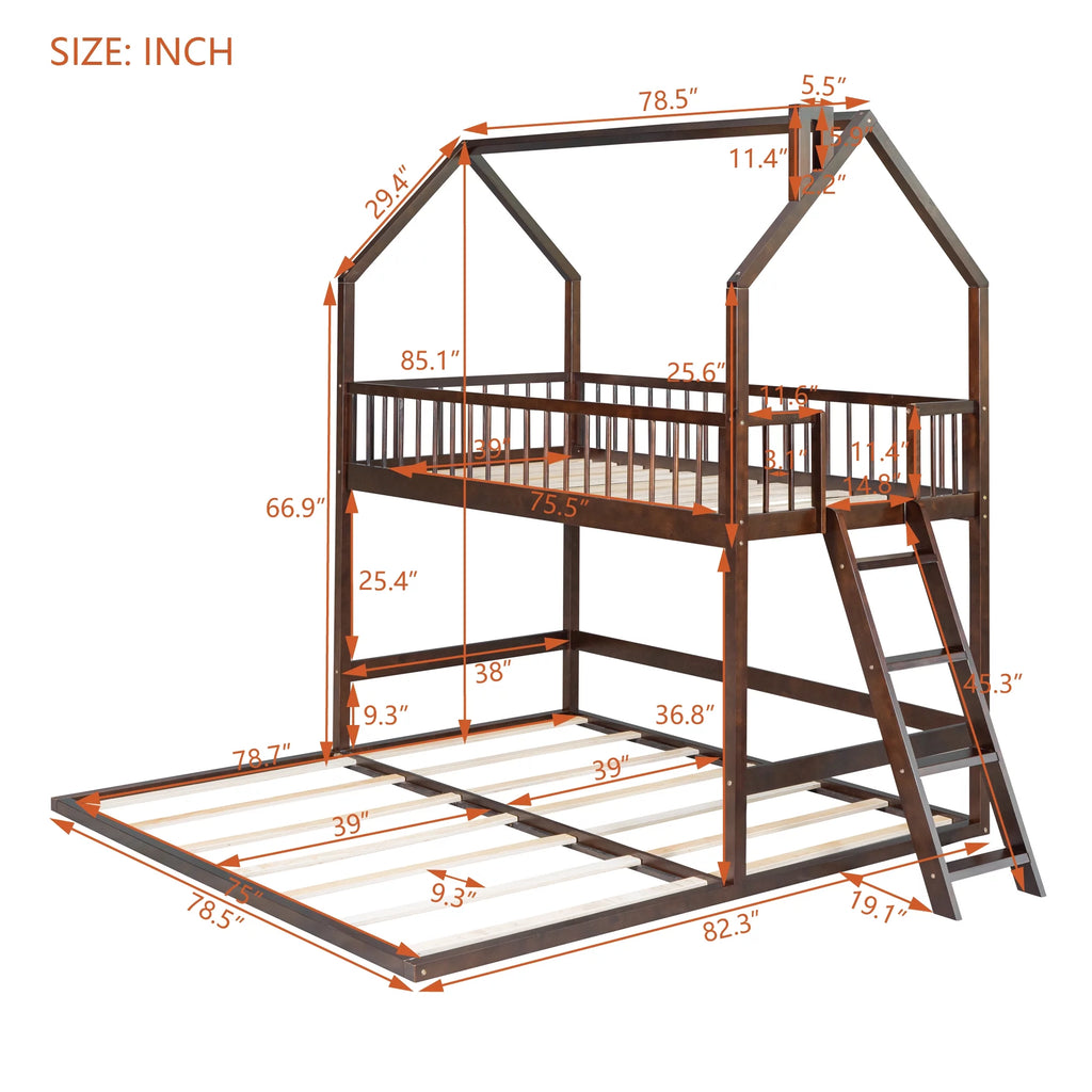 Twin Over Twin House Bunk Bed with Trundle and Roof N41318