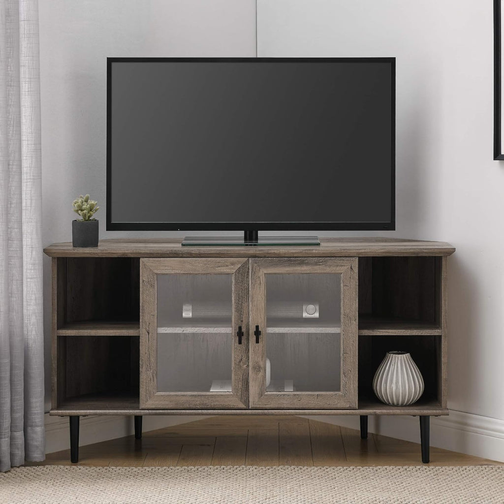 Dark Walnut 48 Inch Wood Corner TV Stand with Glass Cabinet Doors Q6664