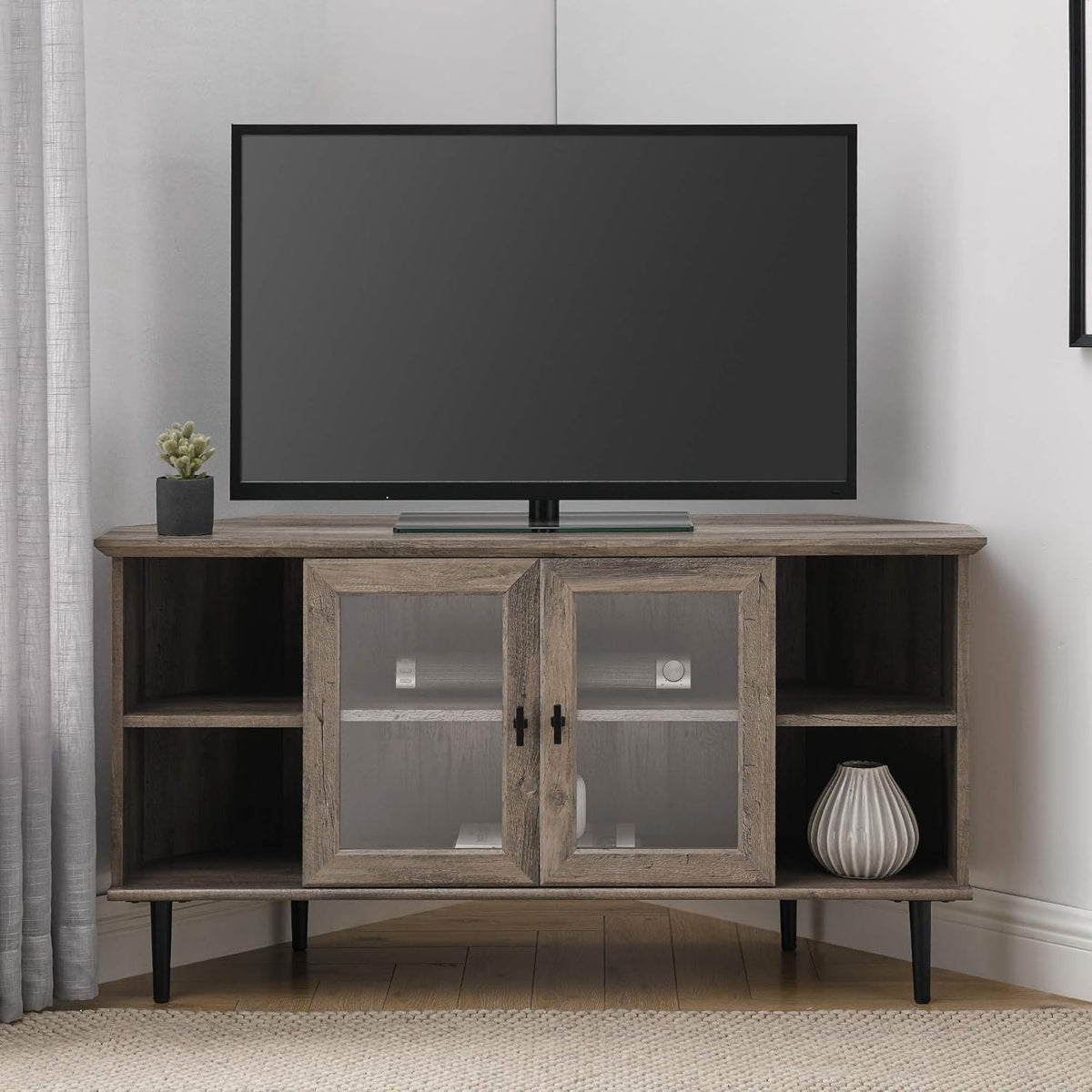 Dark Walnut 48 Inch Wood Corner TV Stand with Glass Cabinet Doors Q6664