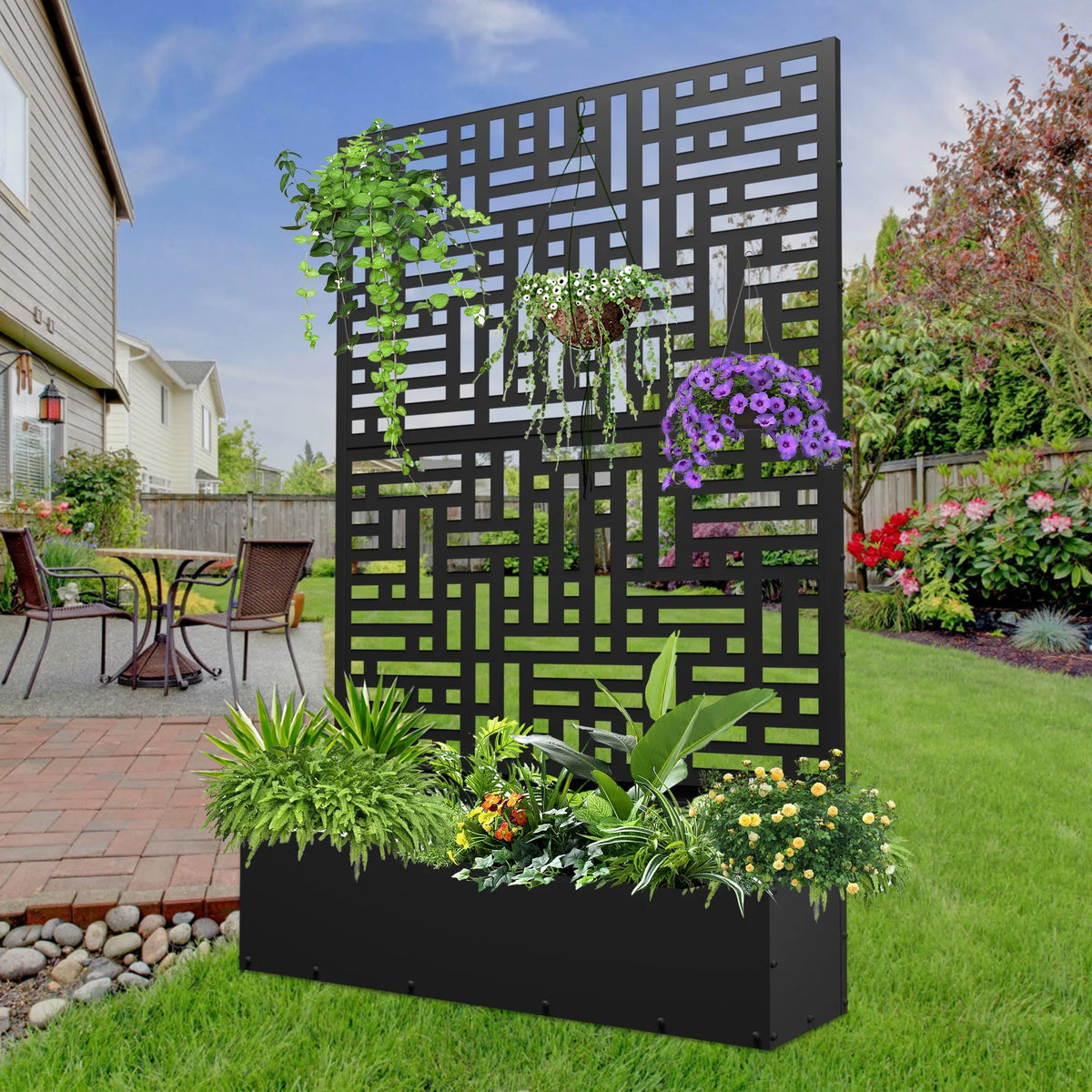 71'' Metal Planter with Trellis, Raised Garden Bed with Drainage Hole, Black H279