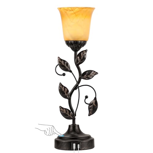 Touch Table Lamp with USB Charging Ports 3 Way Dimmable Amber Glass Lampshade P598
