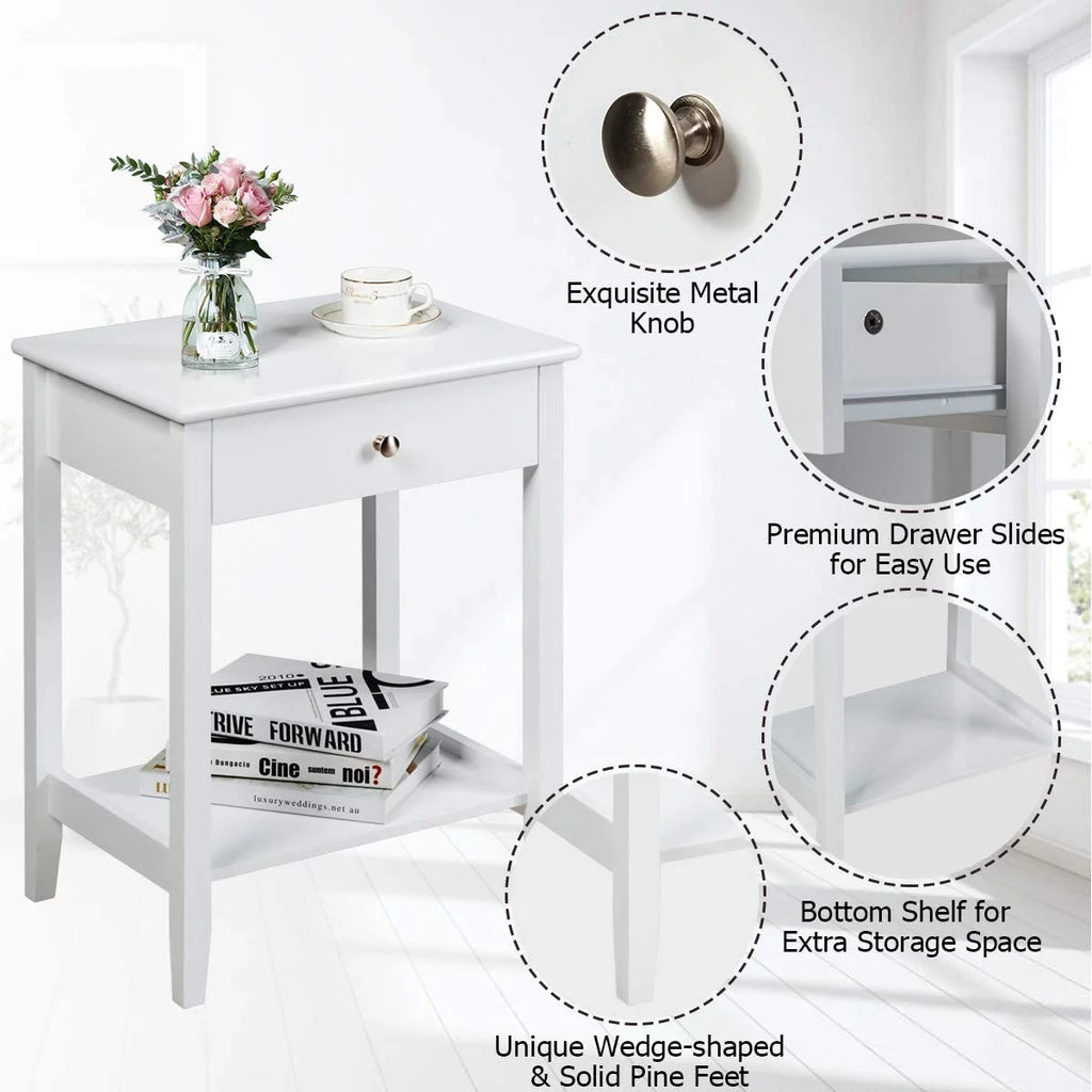 White 2-Tier Wooden Nightstand with Drawer R9357