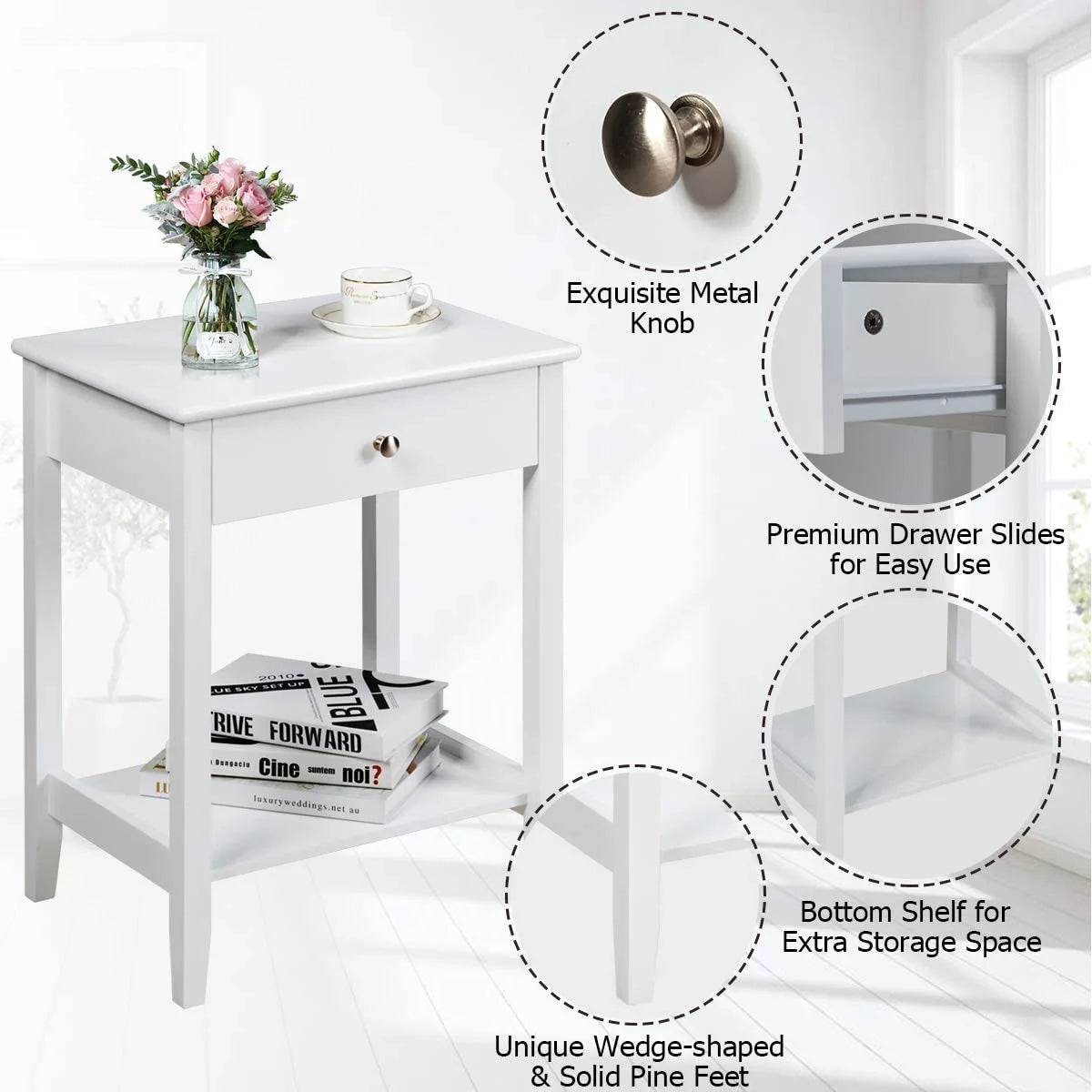 White 2-Tier Wooden Nightstand with Drawer R9357