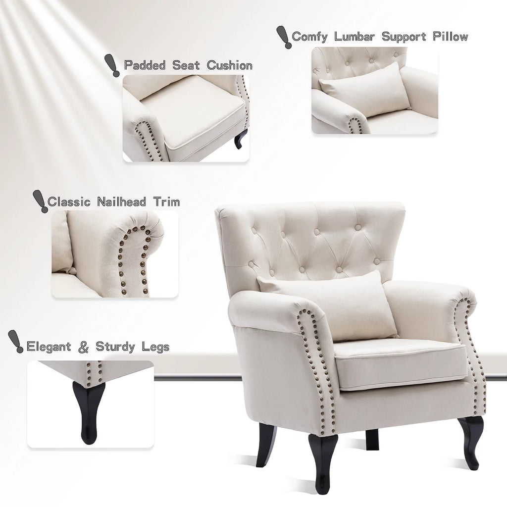 Beige Linen Tufted Accent Chair with Pillow W279