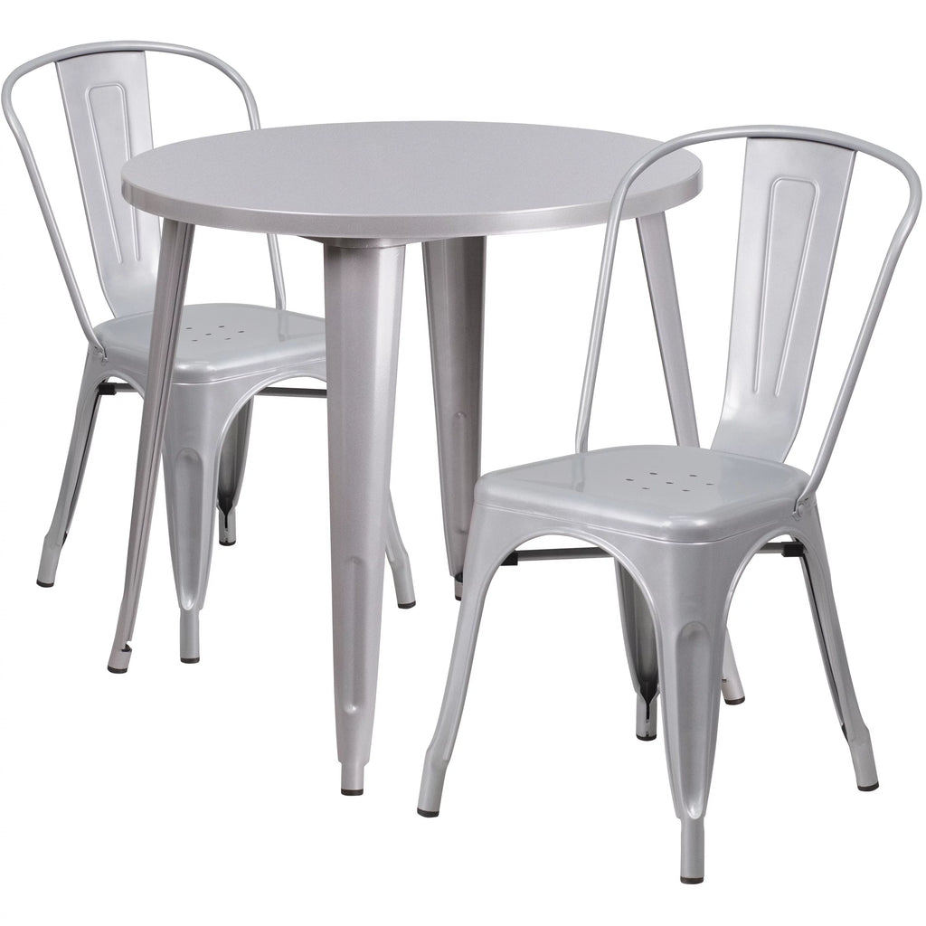 30" Round Silver Metal Indoor-Outdoor Table Set with 2 Cafe Chairs X3524
