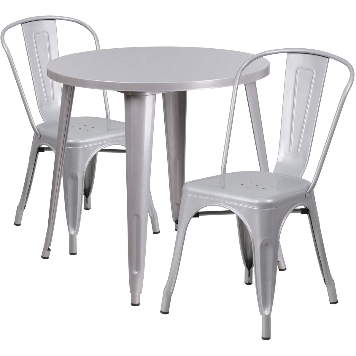 30" Round Silver Metal Indoor-Outdoor Table Set with 2 Cafe Chairs X3524