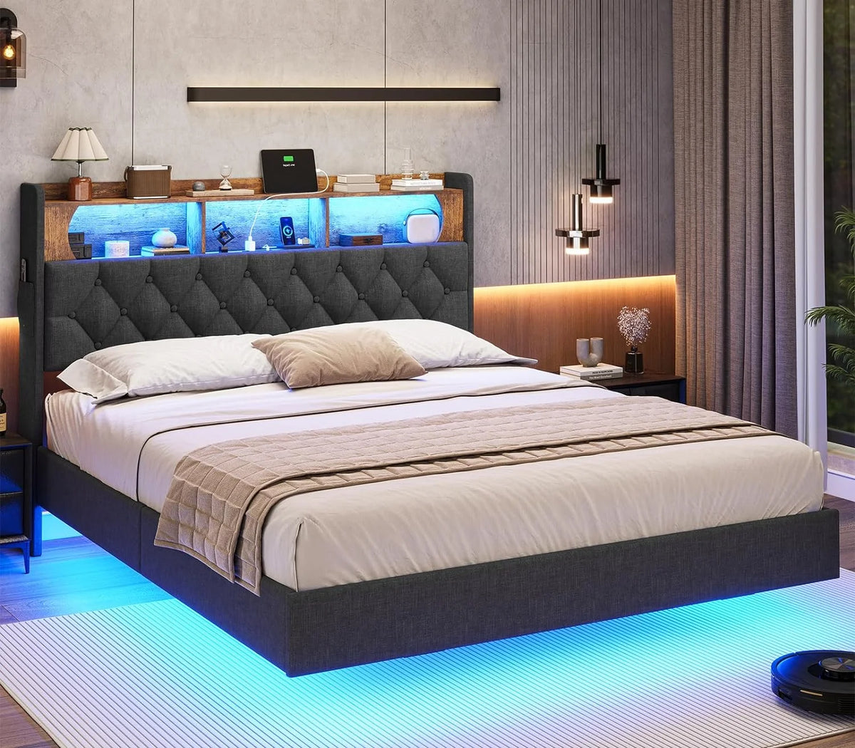 Queen Size Upholstered Platform Bed Frame with Bookcase Headboard P77908