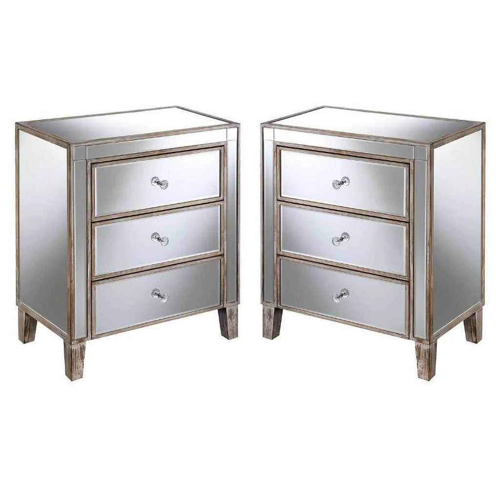 Mirrored Glass Weathered White 3-Drawer Chest Set of 2 H228