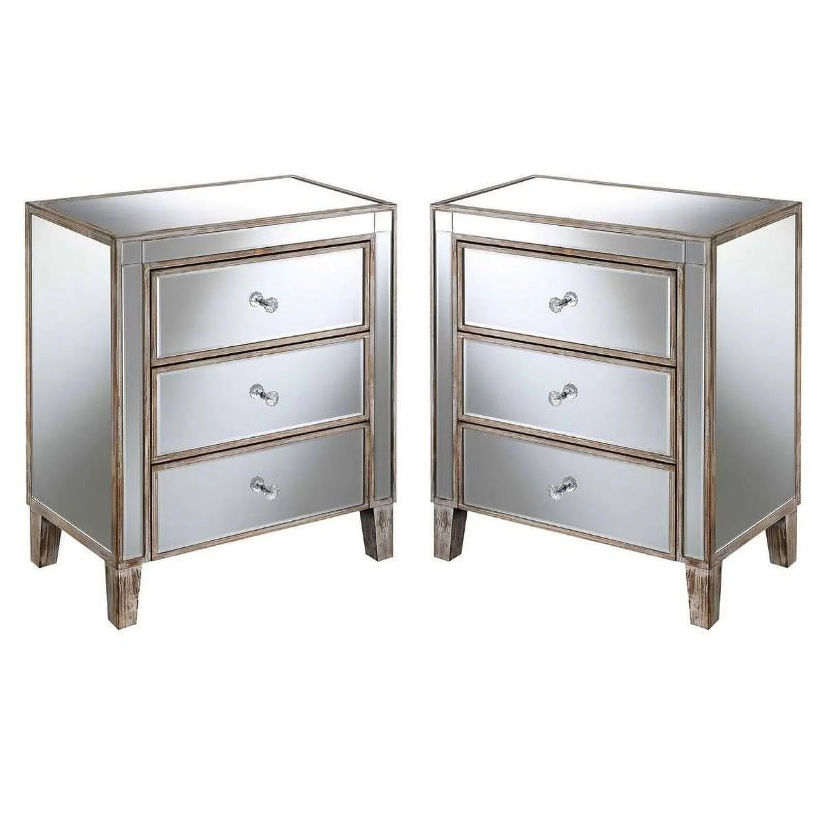 Mirrored Glass Weathered White 3-Drawer Chest Set of 2 H228