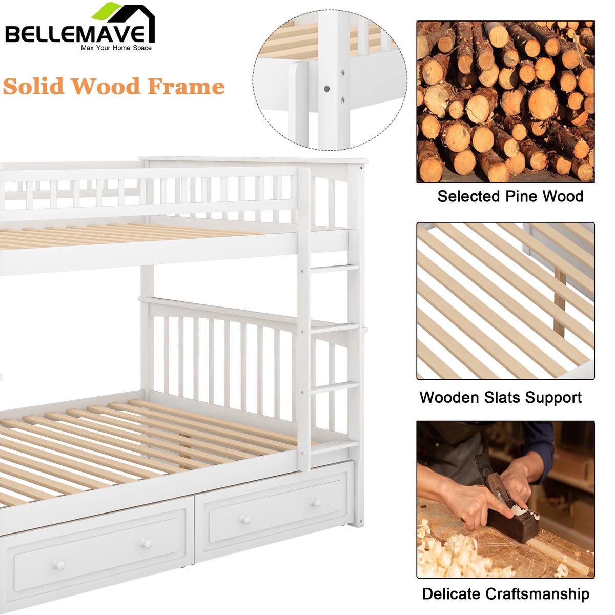 White Twin Over Twin Wooden Bunk Bed with 2 Storage Drawers M5682
